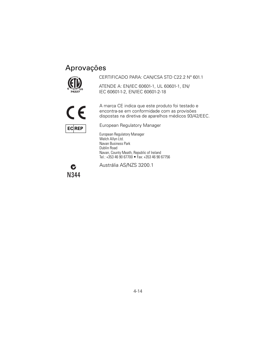 Aprovações, N344, Ec rep | Welch Allyn 6V Power Supply, Rectal Light Handle - User Manual User Manual | Page 90 / 240