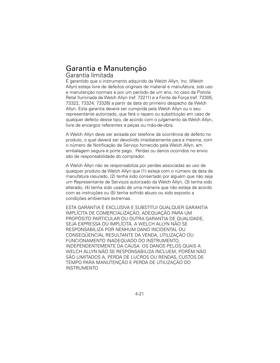 Garantia e manutenção, Garantia limitada | Welch Allyn 6V Power Supply, Rectal Light Handle - User Manual User Manual | Page 97 / 240