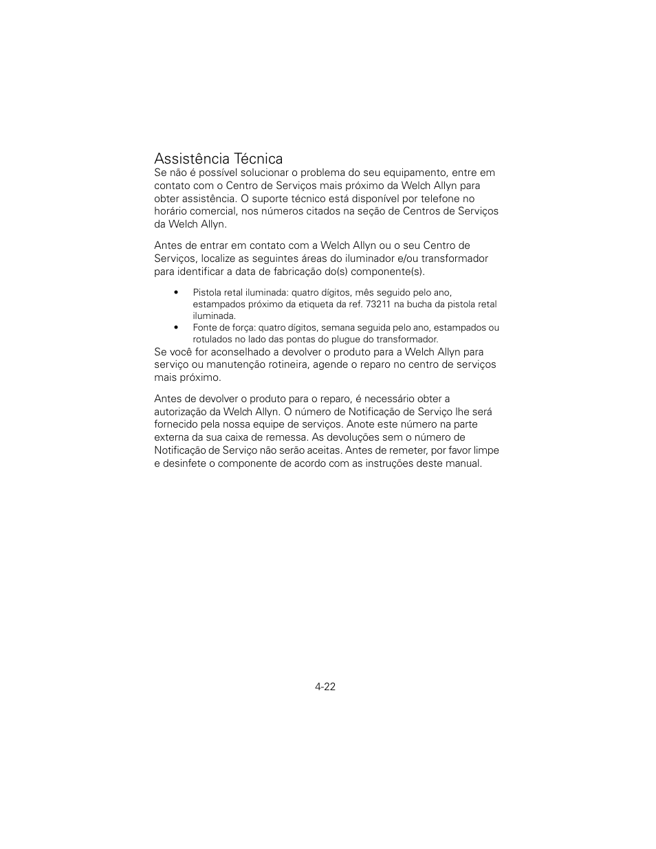 Assistência técnica | Welch Allyn 6V Power Supply, Rectal Light Handle - User Manual User Manual | Page 98 / 240