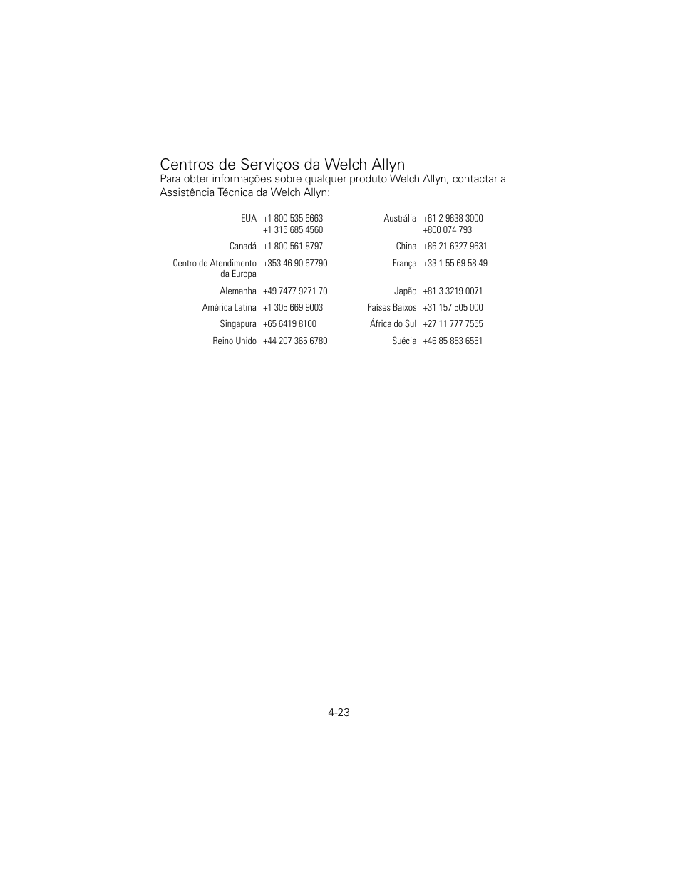 Centros de serviços da welch allyn | Welch Allyn 6V Power Supply, Rectal Light Handle - User Manual User Manual | Page 99 / 240