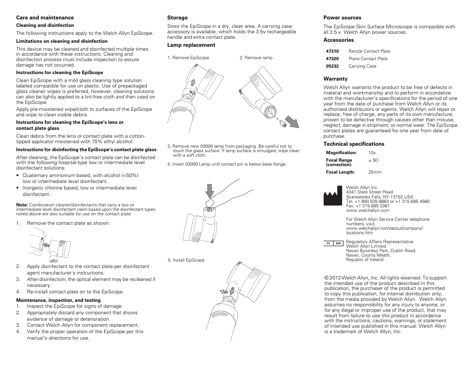 Care and maintenance, Remove the contact plate as shown, Re-install contact plate on to the episcope | Inspect the episcope for signs of damage, Contact welch allyn for component replacement, Storage, Lamp replacement, Power sources, Accessories, Warranty | Welch Allyn EpiScope Skin Surface Microscope - User Manual User Manual | Page 2 / 2