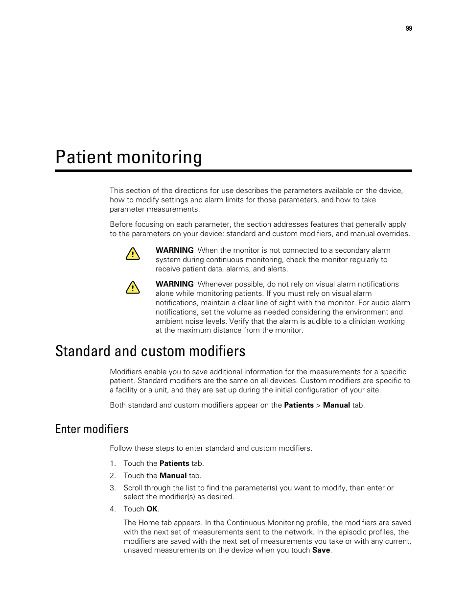 Patient monitoring, Standard and custom modifiers, Enter modifiers | Welch Allyn 6000 Series Connex Vital Signs Monitor - User Manual User Manual | Page 105 / 245