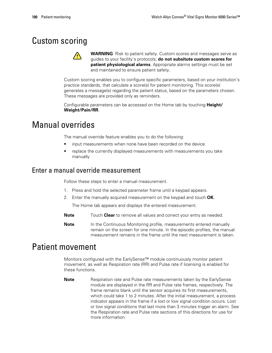Custom scoring, Manual overrides, Enter a manual override measurement | Patient movement | Welch Allyn 6000 Series Connex Vital Signs Monitor - User Manual User Manual | Page 106 / 245