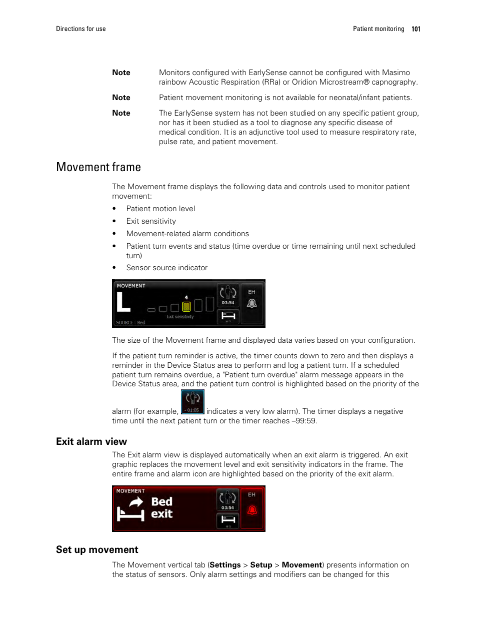 Movement frame, Exit alarm view, Set up movement | Welch Allyn 6000 Series Connex Vital Signs Monitor - User Manual User Manual | Page 107 / 245