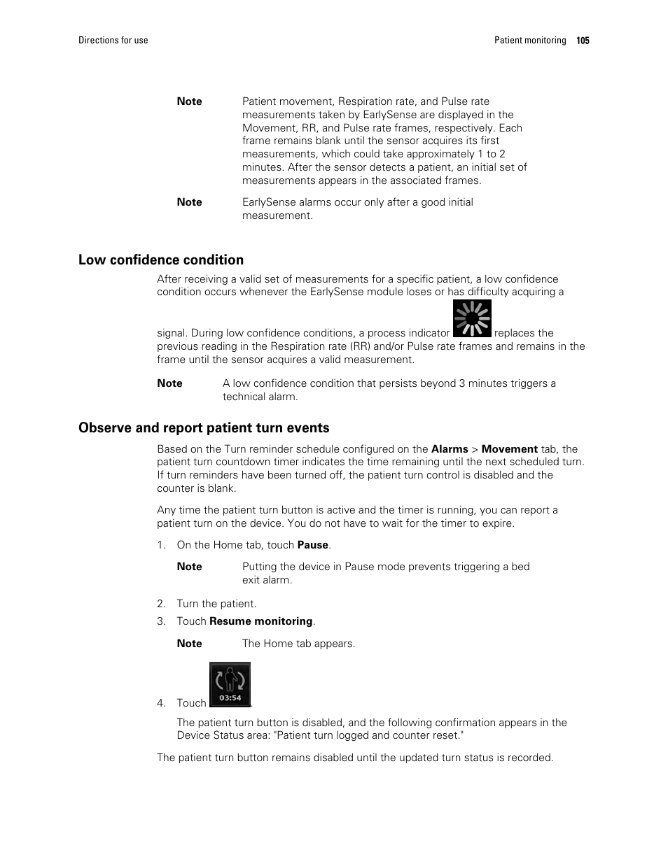 Low confidence condition, Observe and report patient turn events | Welch Allyn 6000 Series Connex Vital Signs Monitor - User Manual User Manual | Page 111 / 245