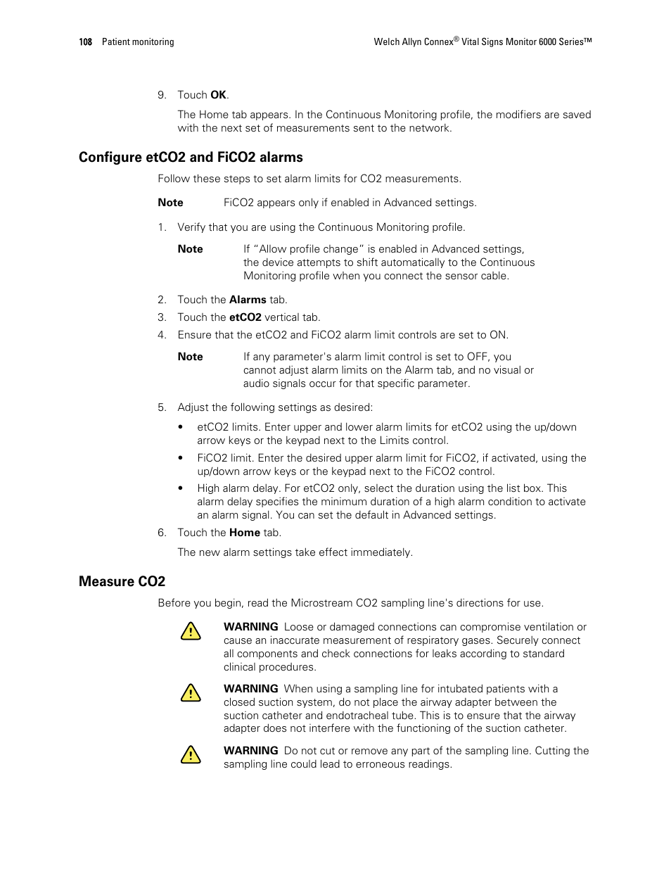Configure etco2 and fico2 alarms, Measure co2 | Welch Allyn 6000 Series Connex Vital Signs Monitor - User Manual User Manual | Page 114 / 245