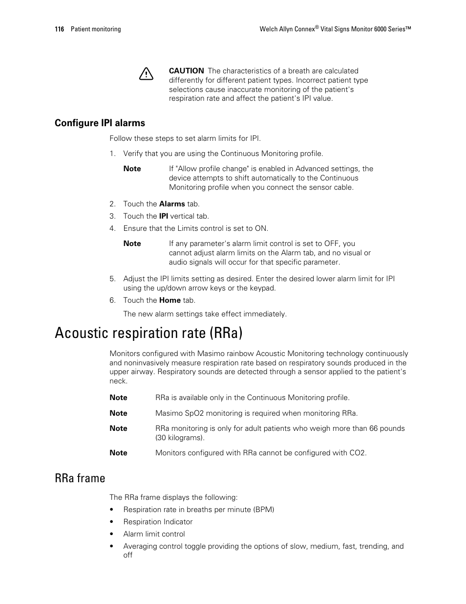 Configure ipi alarms, Acoustic respiration rate (rra), Rra frame | Welch Allyn 6000 Series Connex Vital Signs Monitor - User Manual User Manual | Page 122 / 245