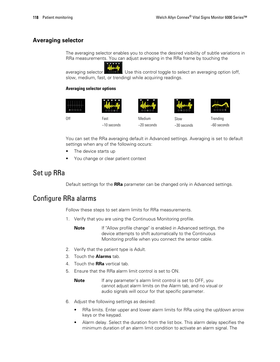 Averaging selector, Set up rra, Configure rra alarms | Welch Allyn 6000 Series Connex Vital Signs Monitor - User Manual User Manual | Page 124 / 245
