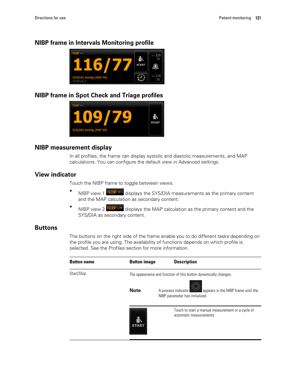 Nibp frame in intervals monitoring profile, Nibp frame in spot check and triage profiles, Nibp measurement display | View indicator, Buttons | Welch Allyn 6000 Series Connex Vital Signs Monitor - User Manual User Manual | Page 127 / 245