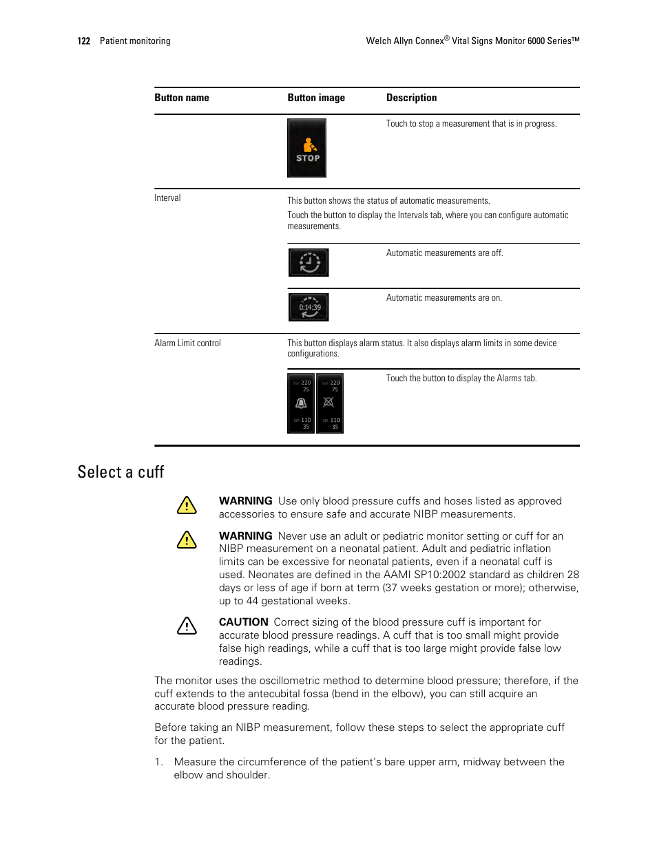 Select a cuff | Welch Allyn 6000 Series Connex Vital Signs Monitor - User Manual User Manual | Page 128 / 245