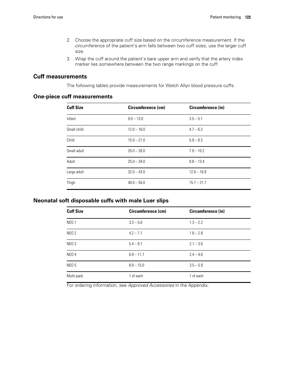 Cuff measurements, One-piece cuff measurements | Welch Allyn 6000 Series Connex Vital Signs Monitor - User Manual User Manual | Page 129 / 245