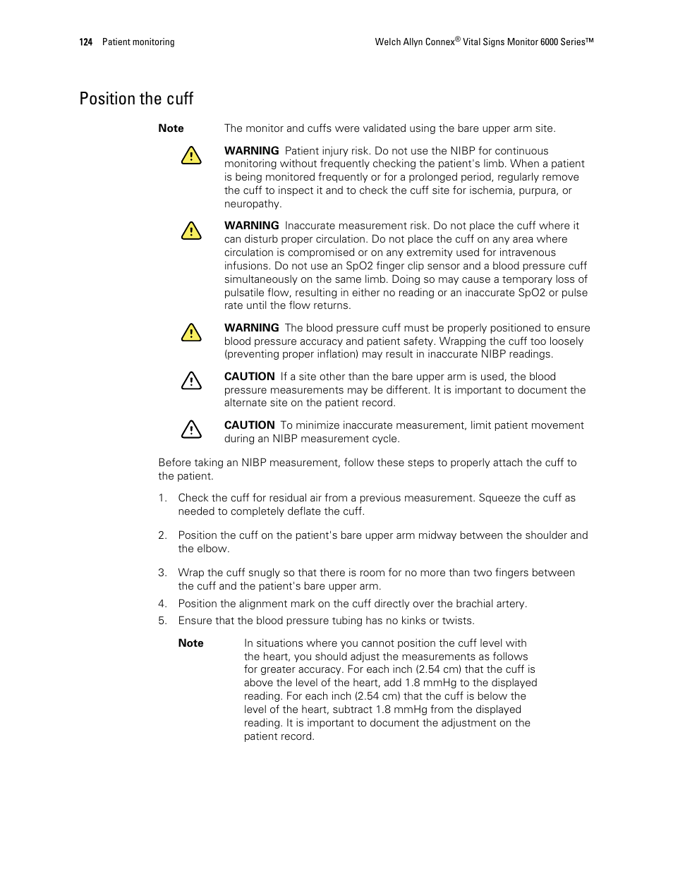 Position the cuff | Welch Allyn 6000 Series Connex Vital Signs Monitor - User Manual User Manual | Page 130 / 245