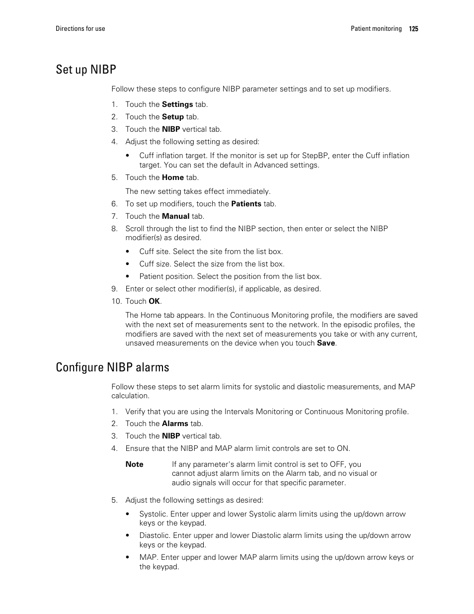 Set up nibp, Configure nibp alarms | Welch Allyn 6000 Series Connex Vital Signs Monitor - User Manual User Manual | Page 131 / 245