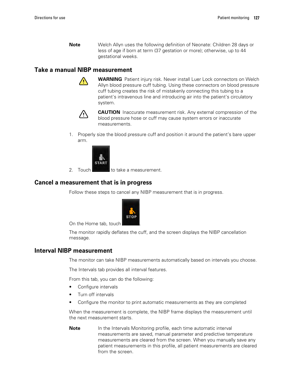 Take a manual nibp measurement, Cancel a measurement that is in progress, Interval nibp measurement | Welch Allyn 6000 Series Connex Vital Signs Monitor - User Manual User Manual | Page 133 / 245