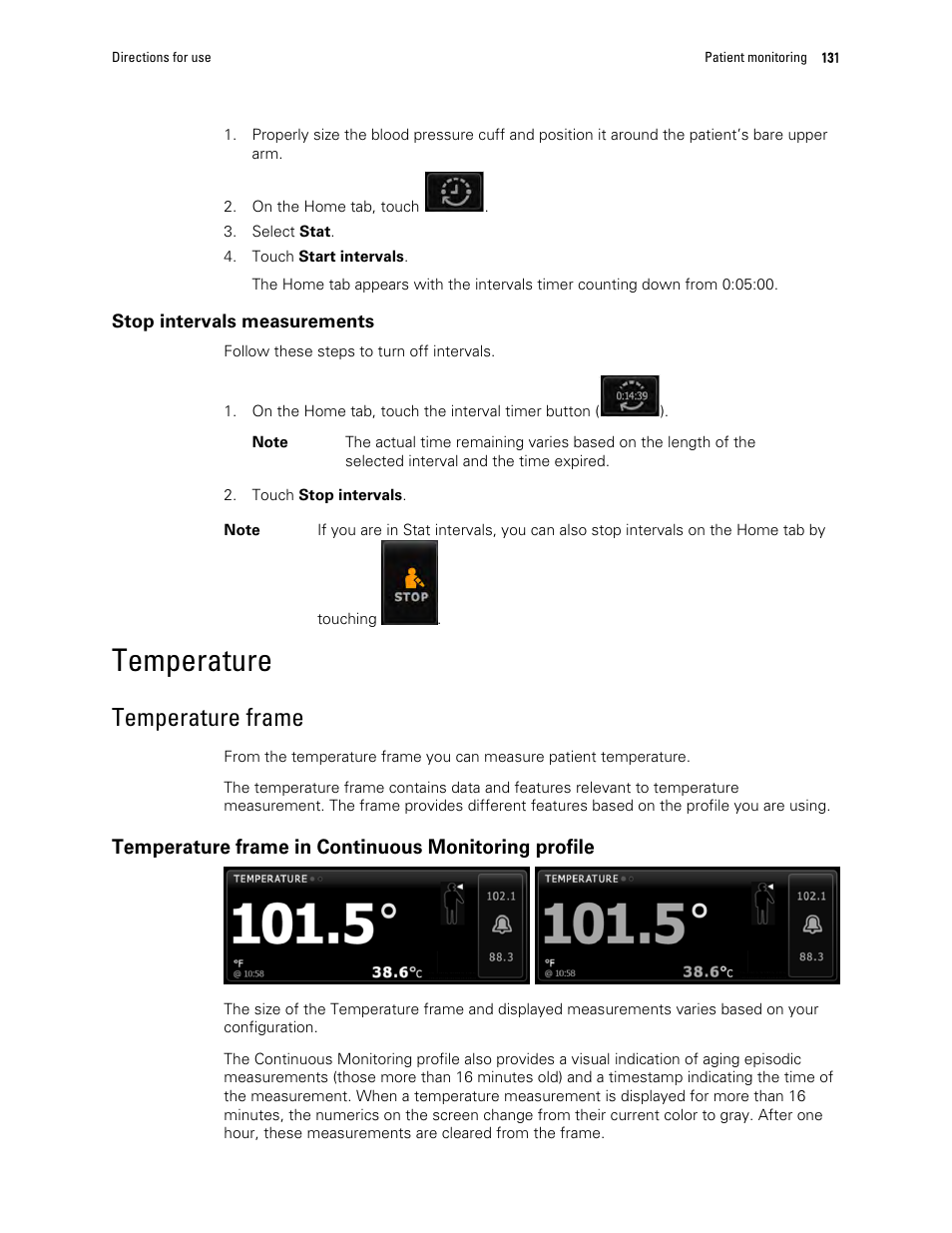 Temperature, Temperature frame, Temperature frame in continuous monitoring profile | Welch Allyn 6000 Series Connex Vital Signs Monitor - User Manual User Manual | Page 137 / 245