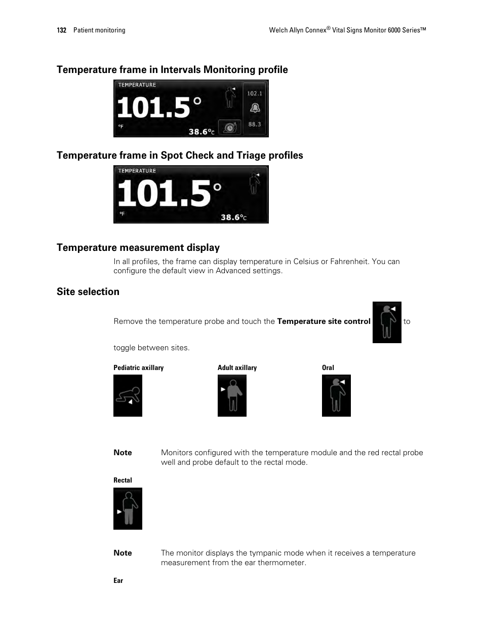Temperature frame in intervals monitoring profile, Temperature measurement display, Site selection | Welch Allyn 6000 Series Connex Vital Signs Monitor - User Manual User Manual | Page 138 / 245