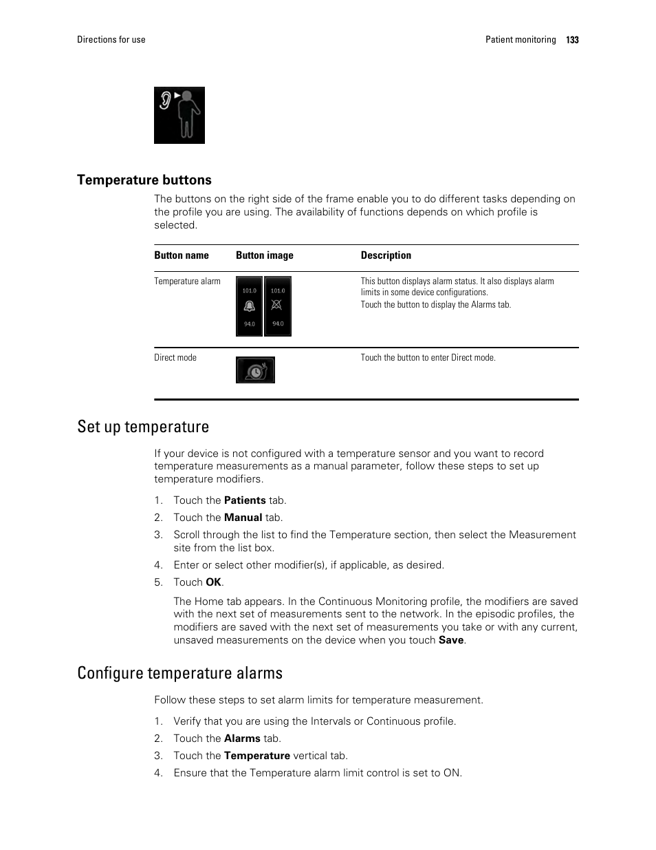 Temperature buttons, Set up temperature, Configure temperature alarms | Welch Allyn 6000 Series Connex Vital Signs Monitor - User Manual User Manual | Page 139 / 245