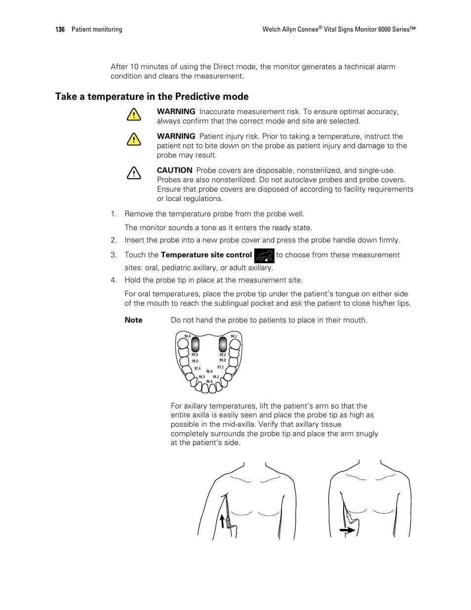 Take a temperature in the predictive mode | Welch Allyn 6000 Series Connex Vital Signs Monitor - User Manual User Manual | Page 142 / 245