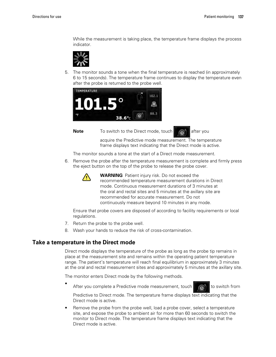 Take a temperature in the direct mode | Welch Allyn 6000 Series Connex Vital Signs Monitor - User Manual User Manual | Page 143 / 245