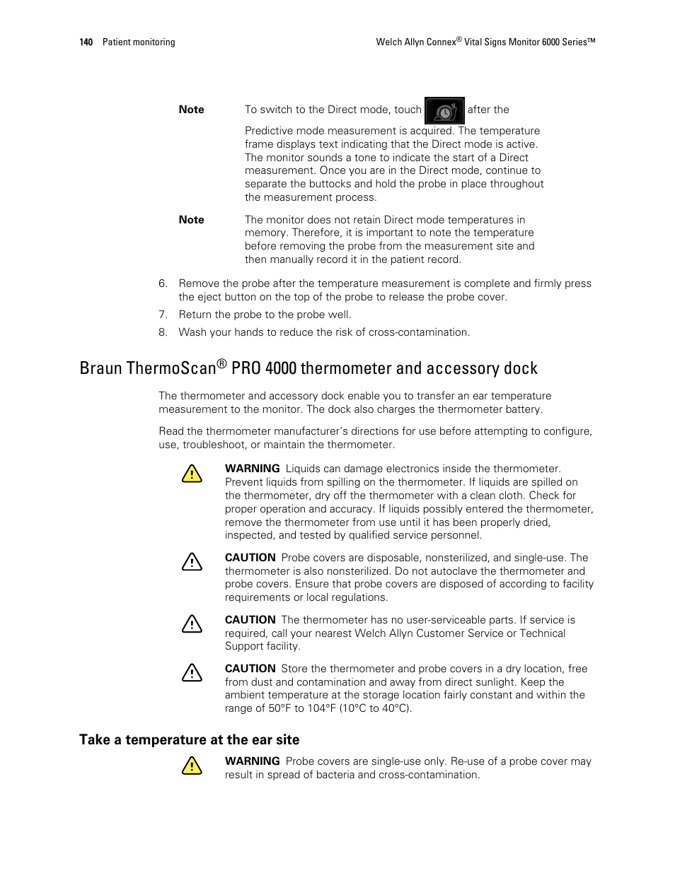 Take a temperature at the ear site, Braun thermoscan, Pro 4000 thermometer and accessory dock | Welch Allyn 6000 Series Connex Vital Signs Monitor - User Manual User Manual | Page 146 / 245