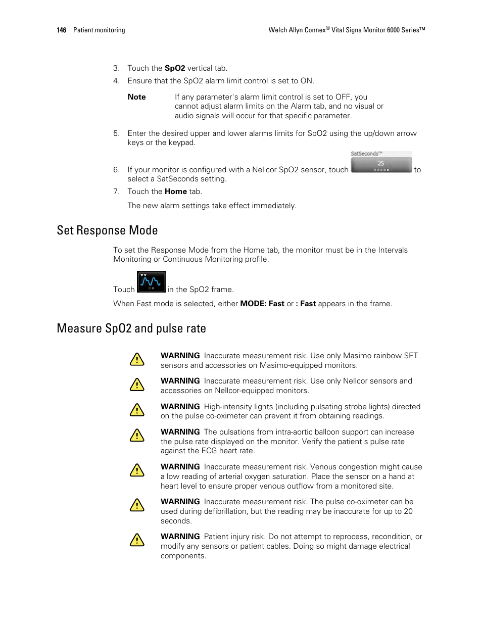 Set response mode, Measure spo2 and pulse rate | Welch Allyn 6000 Series Connex Vital Signs Monitor - User Manual User Manual | Page 152 / 245