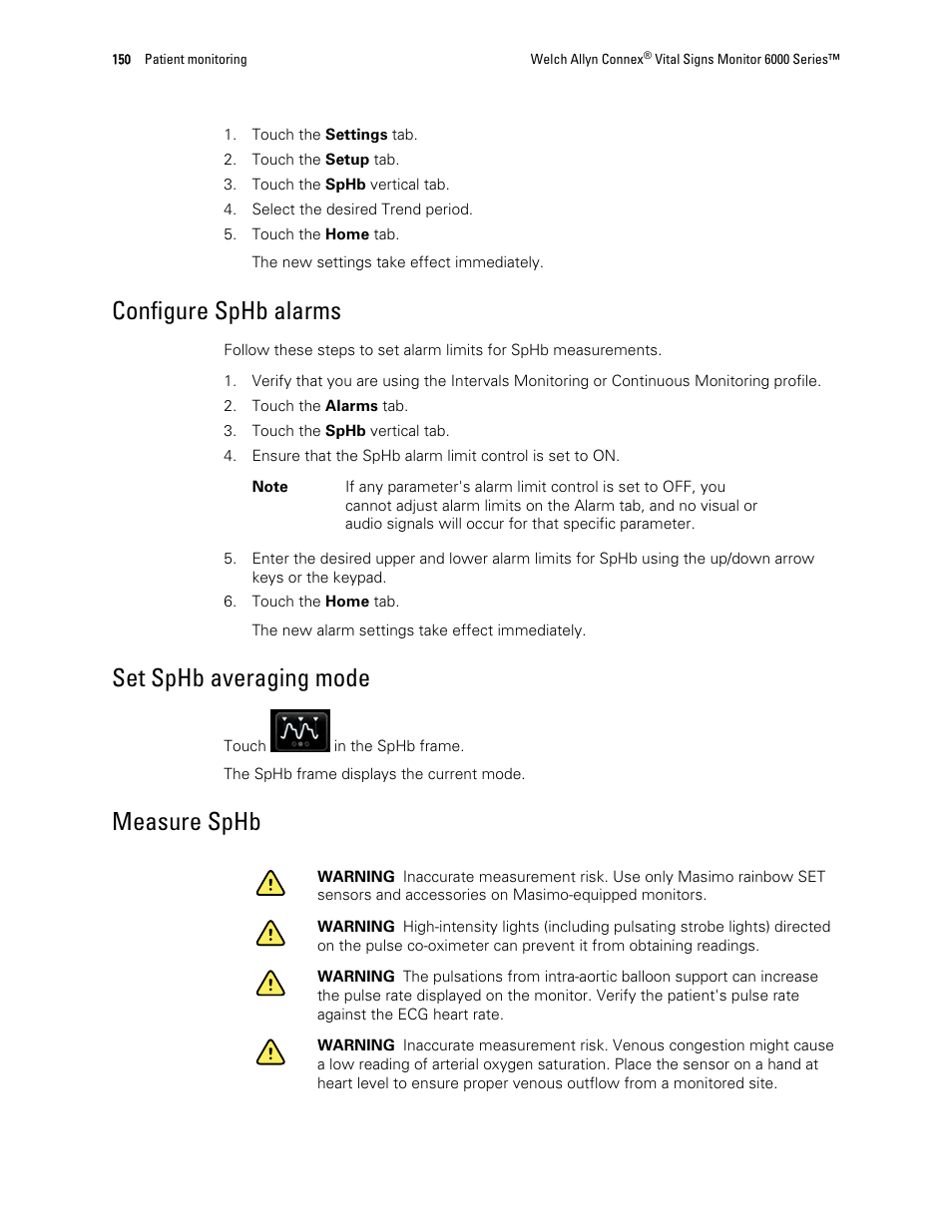 Configure sphb alarms, Set sphb averaging mode, Measure sphb | Welch Allyn 6000 Series Connex Vital Signs Monitor - User Manual User Manual | Page 156 / 245