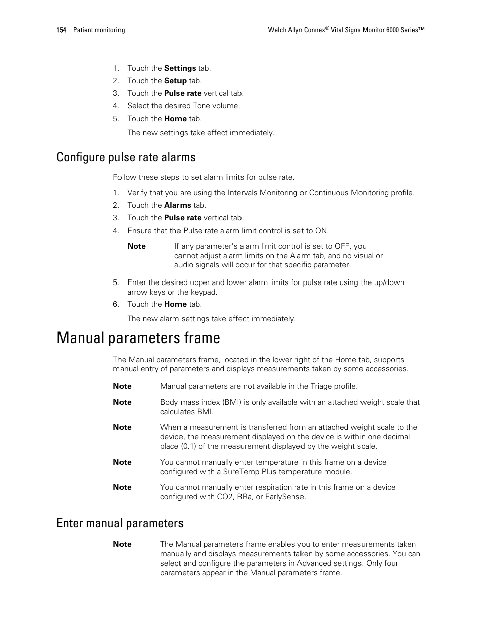 Configure pulse rate alarms, Manual parameters frame, Enter manual parameters | Welch Allyn 6000 Series Connex Vital Signs Monitor - User Manual User Manual | Page 160 / 245
