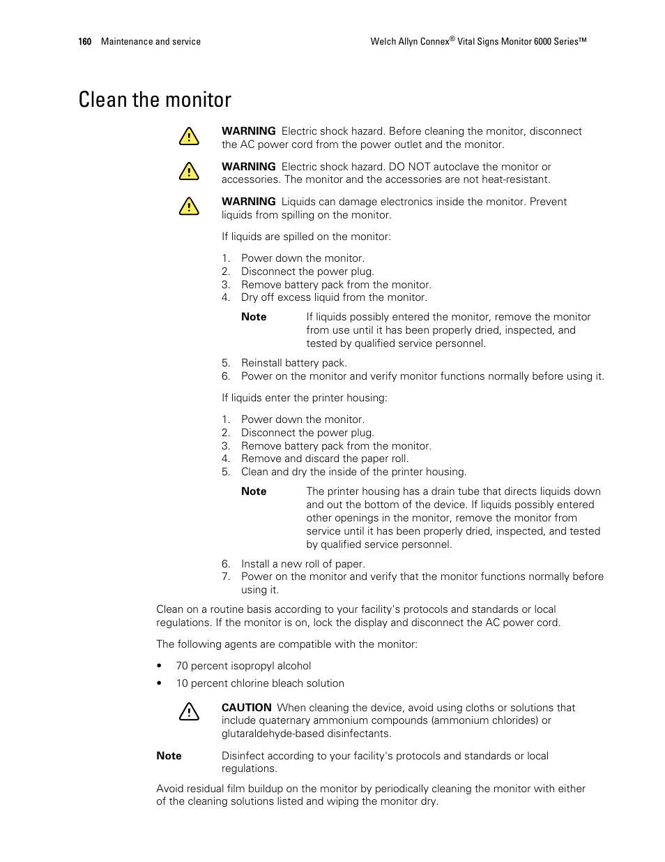 Clean the monitor | Welch Allyn 6000 Series Connex Vital Signs Monitor - User Manual User Manual | Page 166 / 245