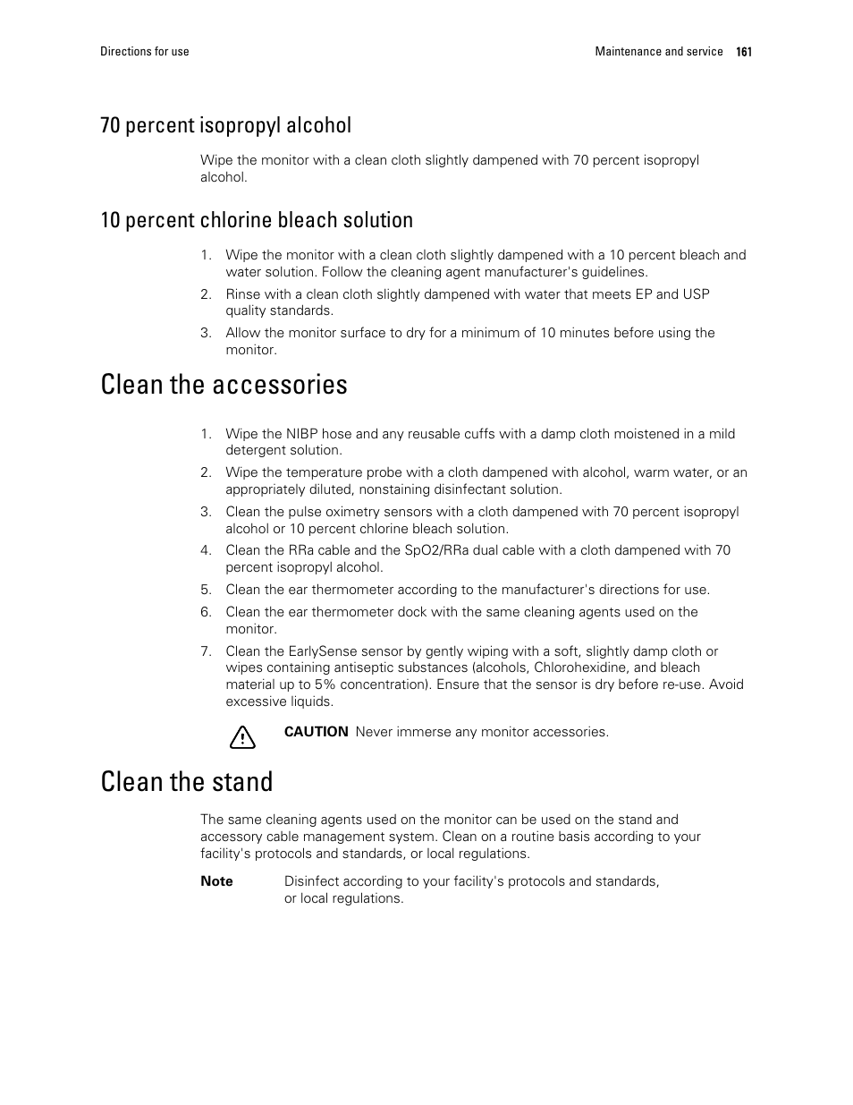 70 percent isopropyl alcohol, 10 percent chlorine bleach solution, Clean the accessories | Clean the stand | Welch Allyn 6000 Series Connex Vital Signs Monitor - User Manual User Manual | Page 167 / 245