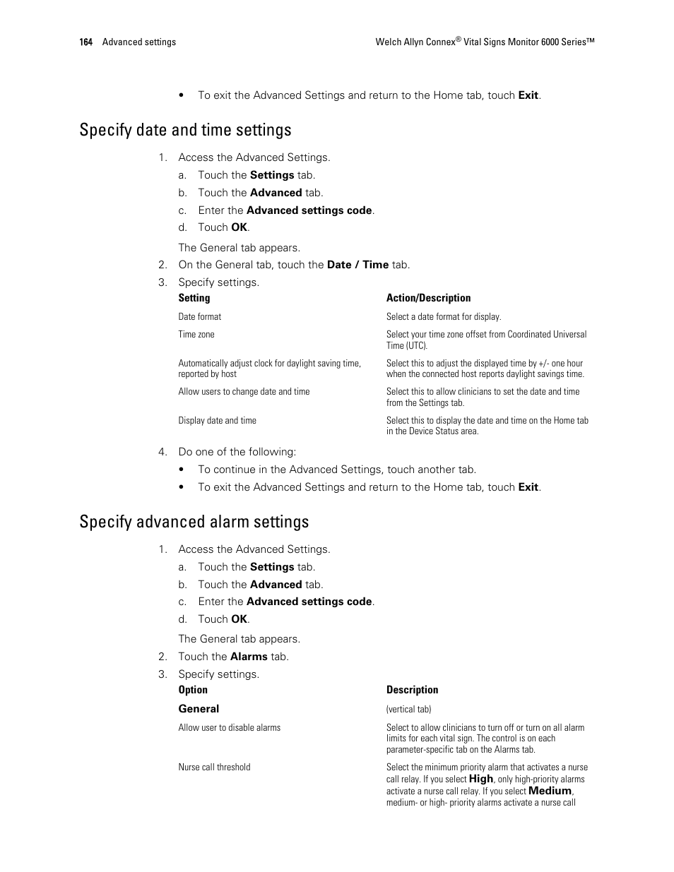 Specify date and time settings, Specify advanced alarm settings | Welch Allyn 6000 Series Connex Vital Signs Monitor - User Manual User Manual | Page 170 / 245