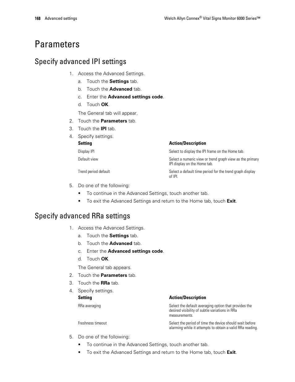 Parameters, Specify advanced ipi settings, Specify advanced rra settings | Welch Allyn 6000 Series Connex Vital Signs Monitor - User Manual User Manual | Page 174 / 245