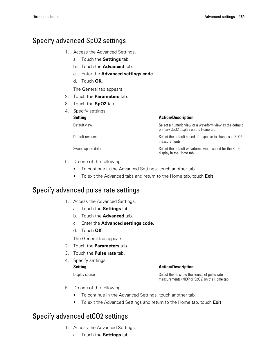 Specify advanced spo2 settings, Specify advanced pulse rate settings, Specify advanced etco2 settings | Welch Allyn 6000 Series Connex Vital Signs Monitor - User Manual User Manual | Page 175 / 245