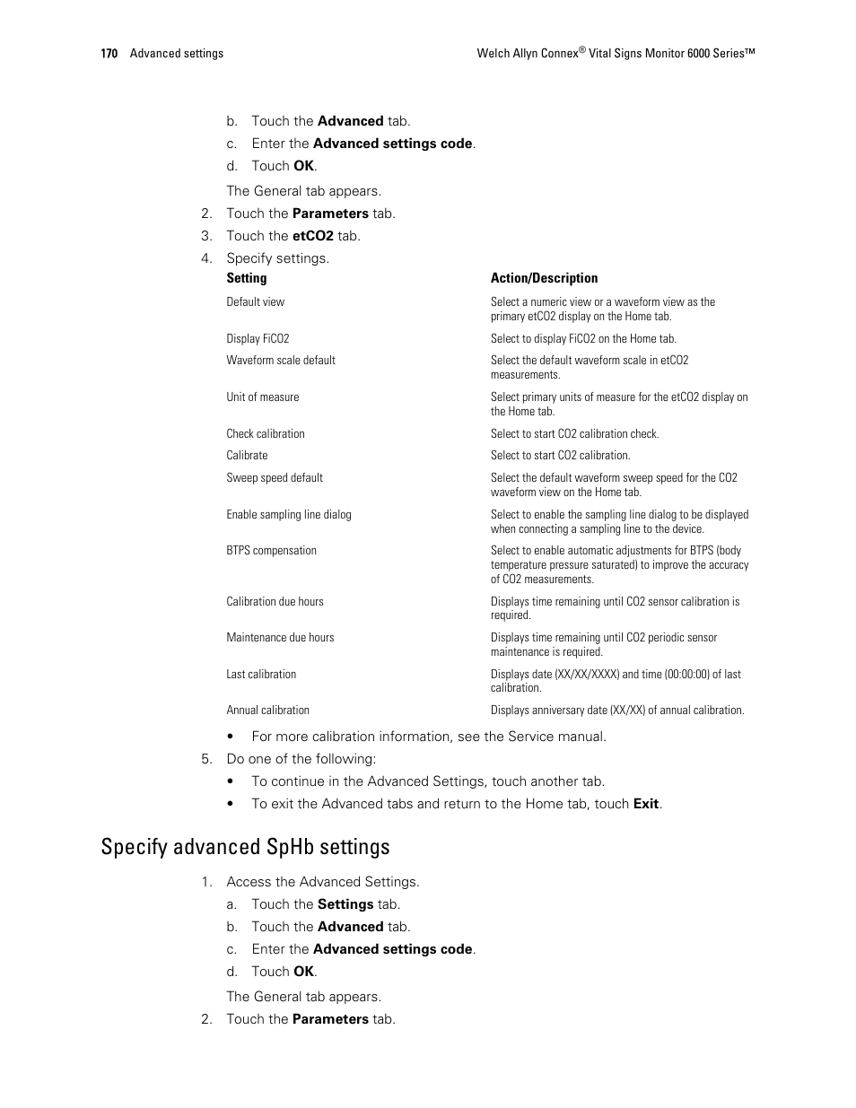 Specify advanced sphb settings | Welch Allyn 6000 Series Connex Vital Signs Monitor - User Manual User Manual | Page 176 / 245