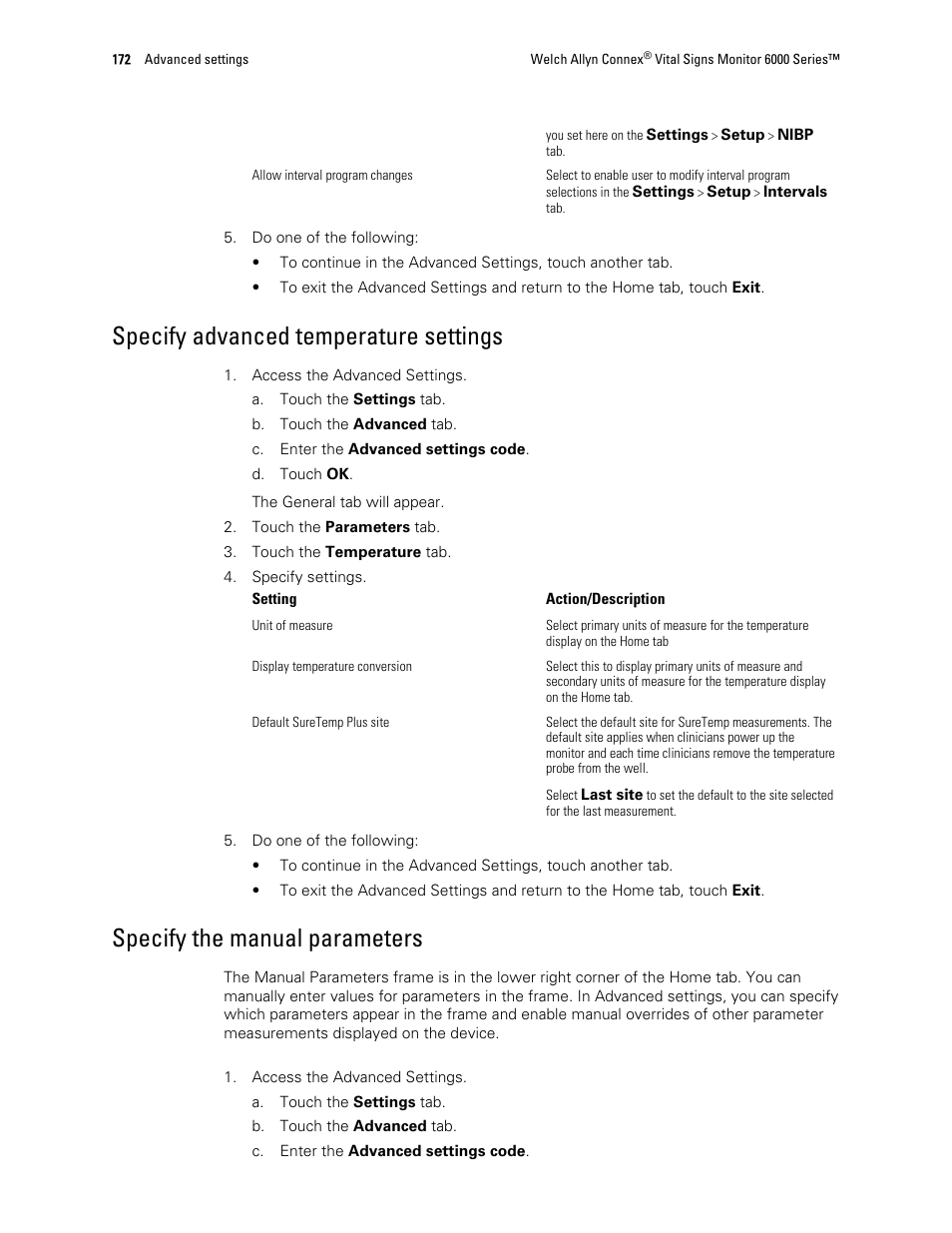 Specify advanced temperature settings, Specify the manual parameters | Welch Allyn 6000 Series Connex Vital Signs Monitor - User Manual User Manual | Page 178 / 245