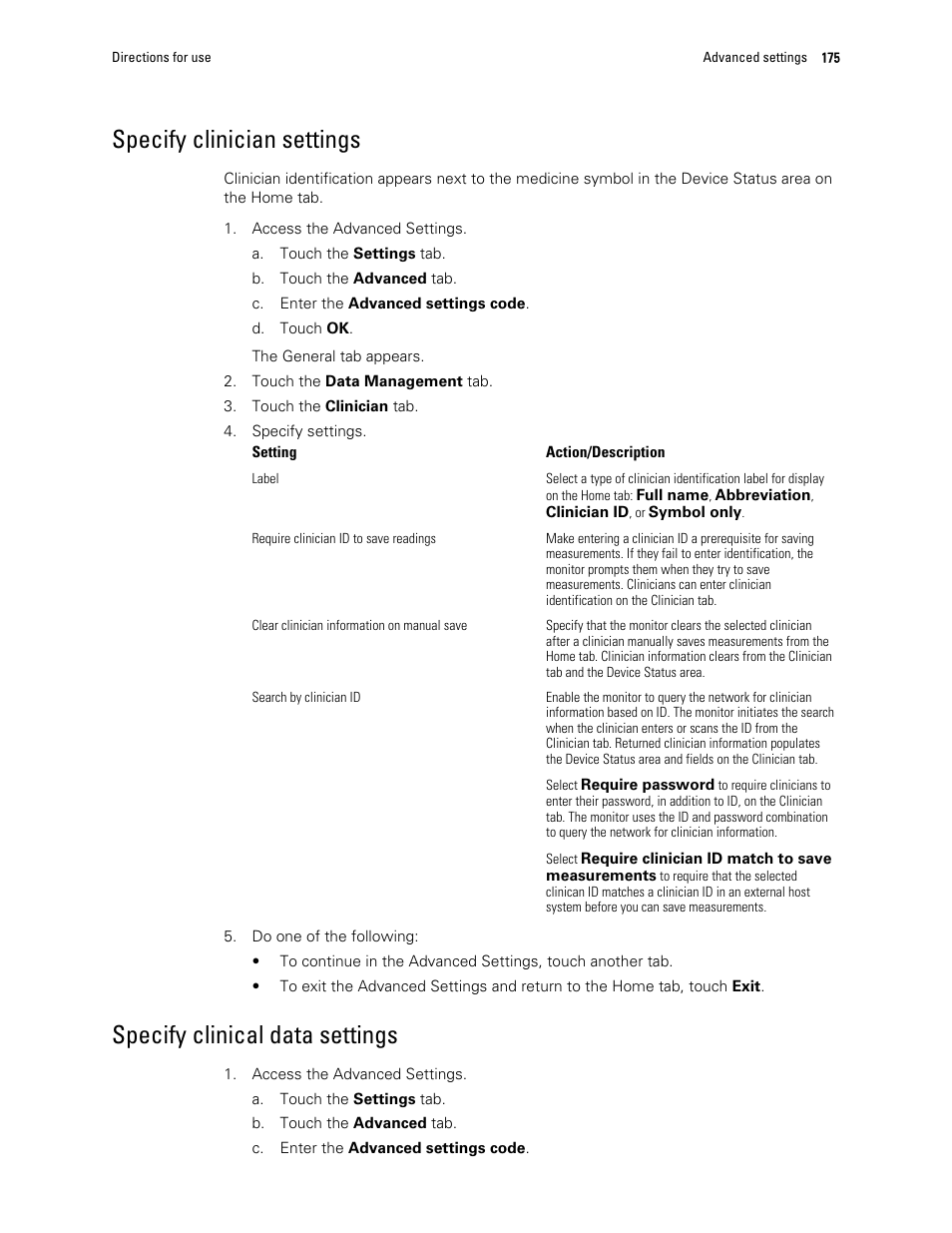 Specify clinician settings, Specify clinical data settings | Welch Allyn 6000 Series Connex Vital Signs Monitor - User Manual User Manual | Page 181 / 245