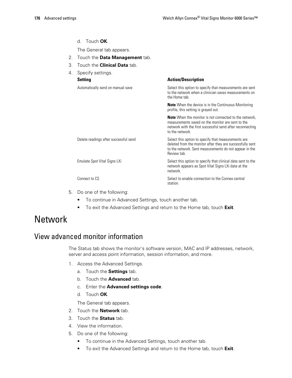 Network, View advanced monitor information | Welch Allyn 6000 Series Connex Vital Signs Monitor - User Manual User Manual | Page 182 / 245