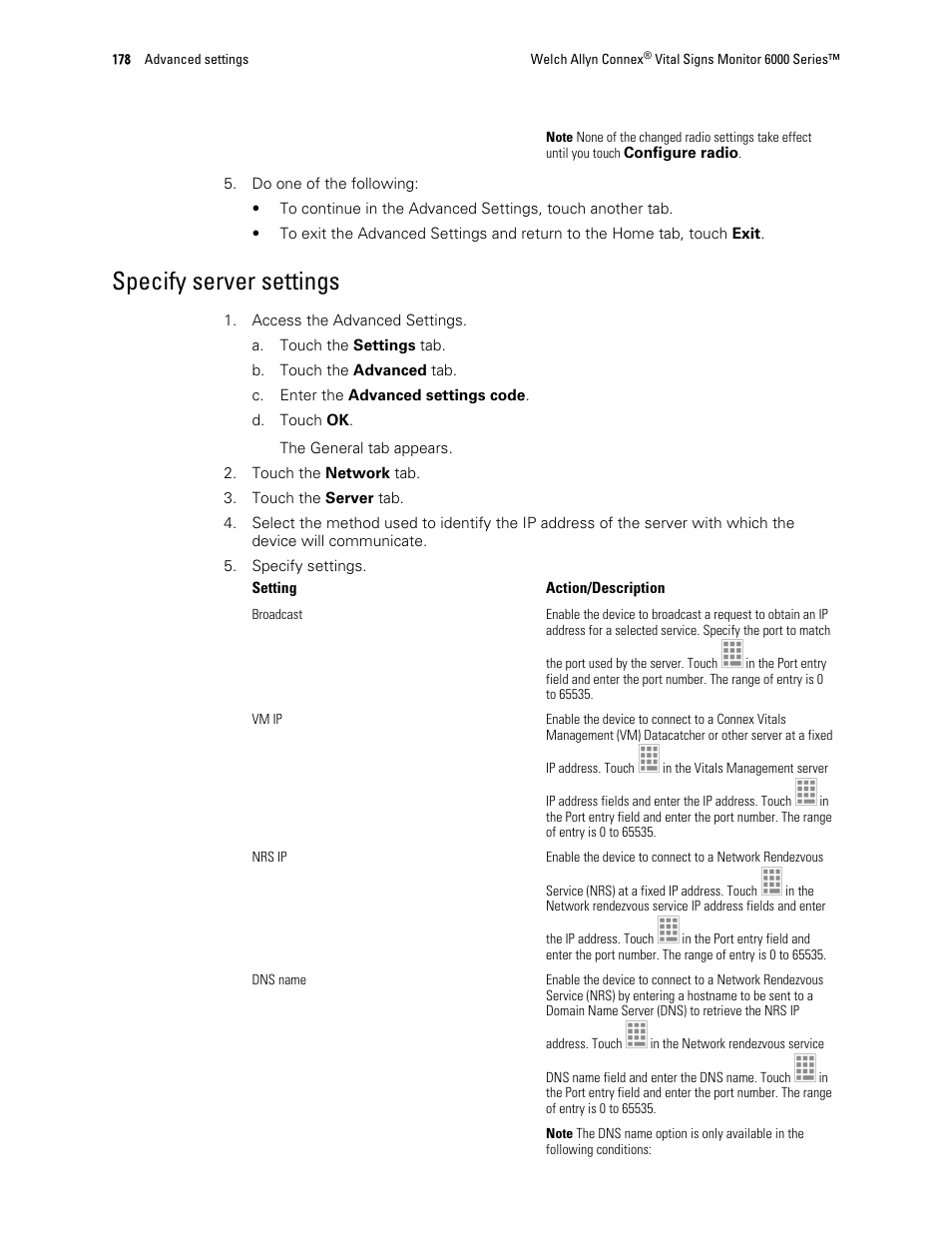 Specify server settings | Welch Allyn 6000 Series Connex Vital Signs Monitor - User Manual User Manual | Page 184 / 245