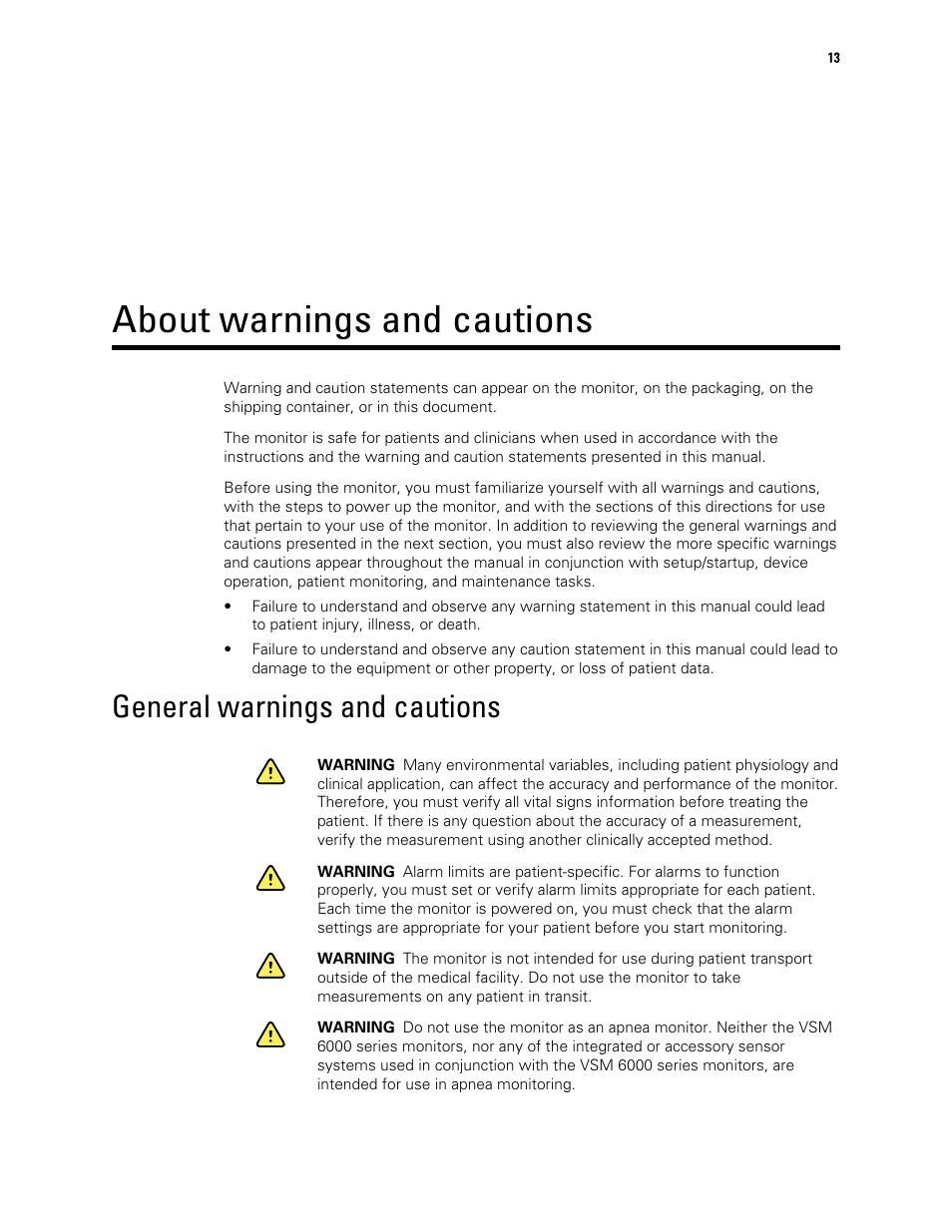About warnings and cautions, General warnings and cautions | Welch Allyn 6000 Series Connex Vital Signs Monitor - User Manual User Manual | Page 19 / 245
