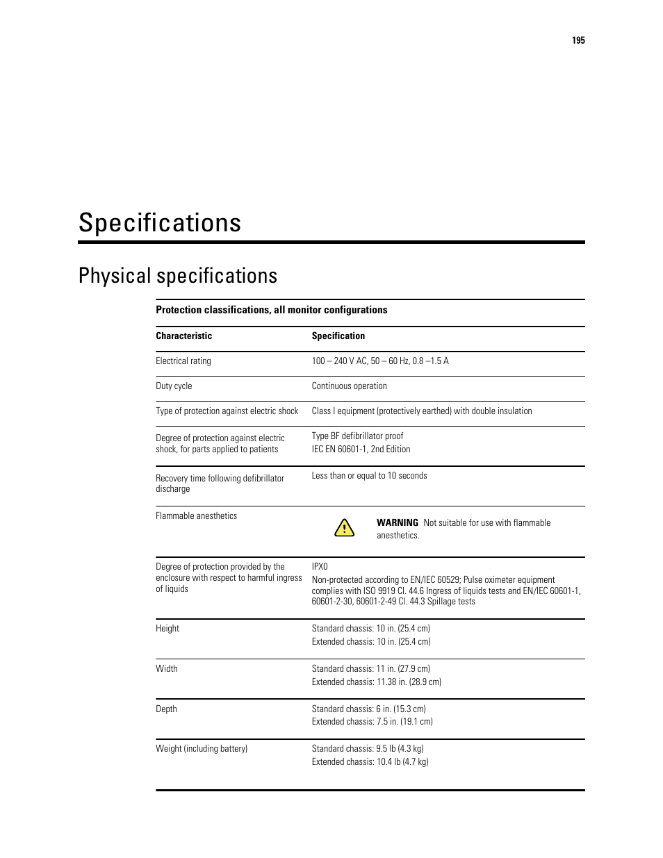 Specifications, Physical specifications | Welch Allyn 6000 Series Connex Vital Signs Monitor - User Manual User Manual | Page 201 / 245