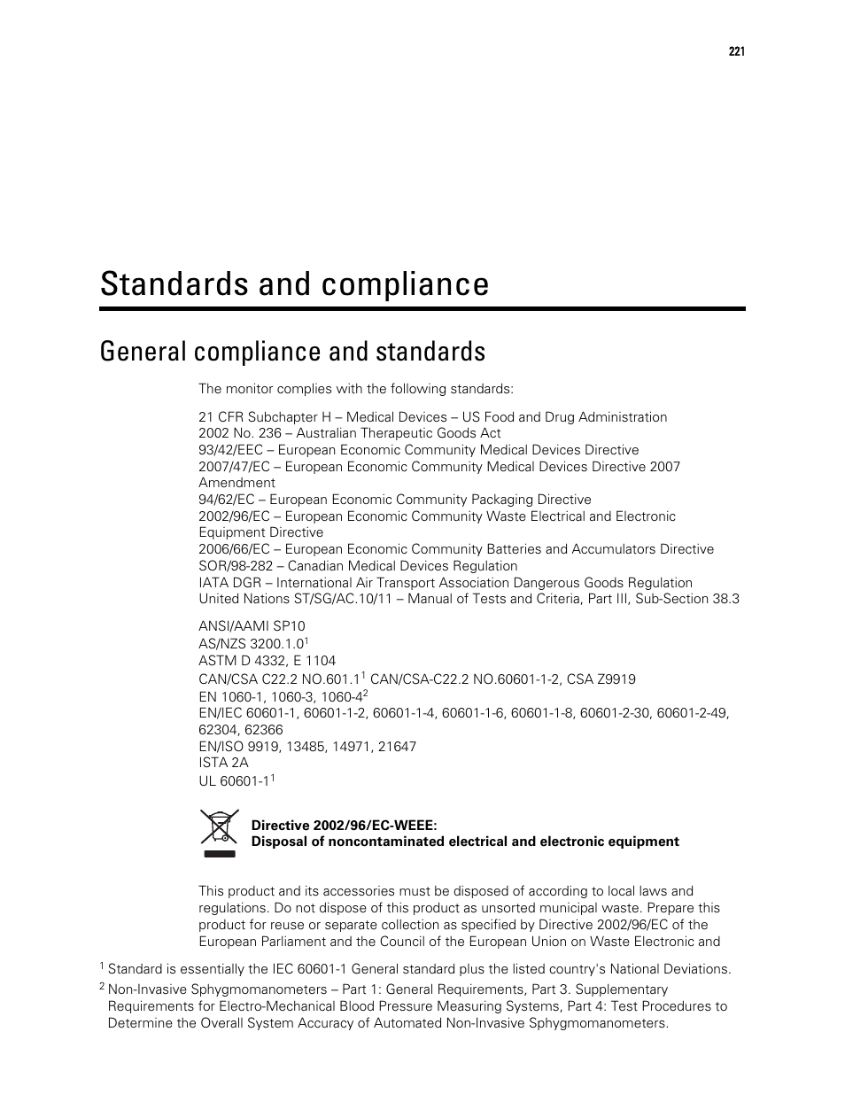 Standards and compliance, General compliance and standards | Welch Allyn 6000 Series Connex Vital Signs Monitor - User Manual User Manual | Page 227 / 245