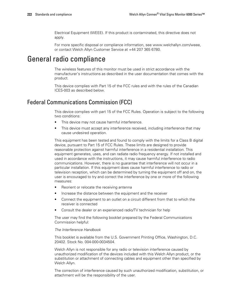 General radio compliance, Federal communications commission (fcc) | Welch Allyn 6000 Series Connex Vital Signs Monitor - User Manual User Manual | Page 228 / 245