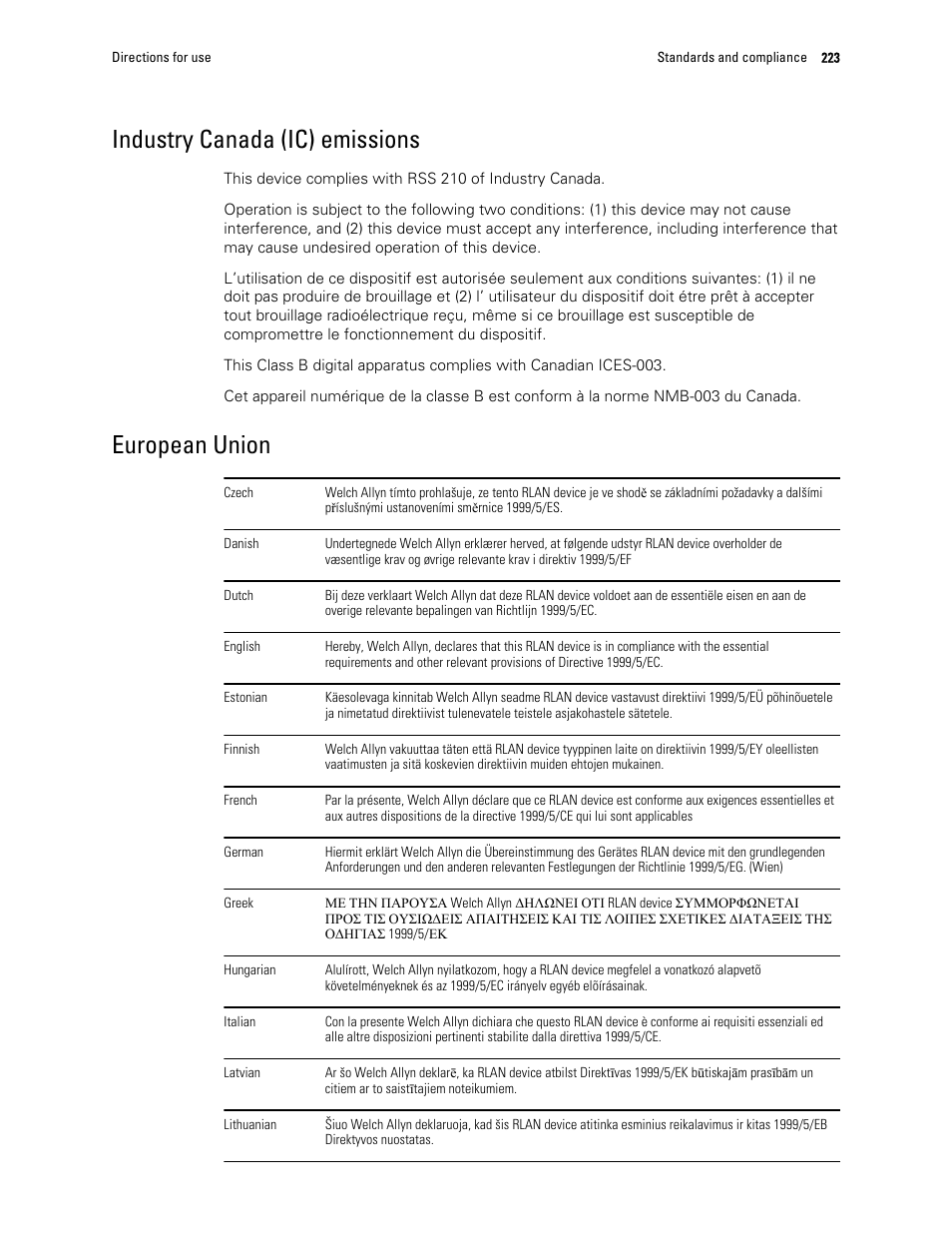 Industry canada (ic) emissions, European union | Welch Allyn 6000 Series Connex Vital Signs Monitor - User Manual User Manual | Page 229 / 245