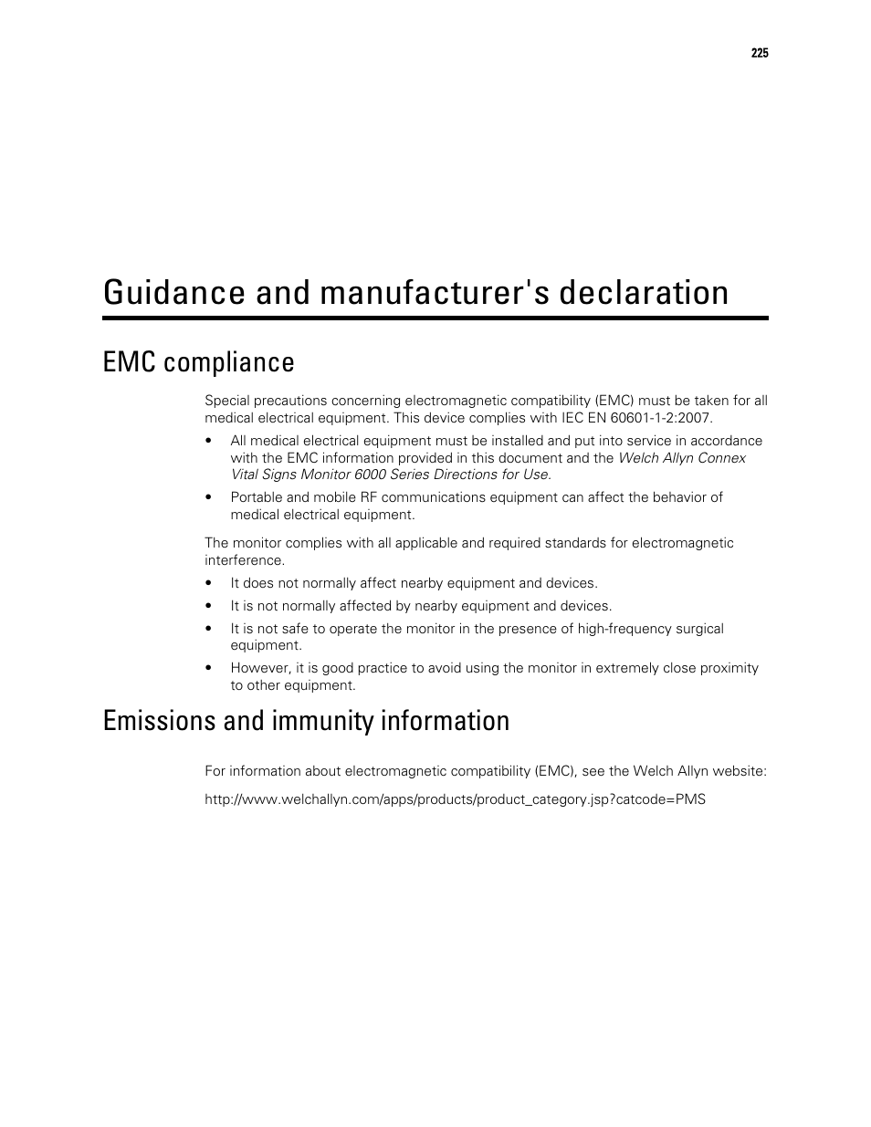 Guidance and manufacturer's declaration, Emc compliance, Emissions and immunity information | Welch Allyn 6000 Series Connex Vital Signs Monitor - User Manual User Manual | Page 231 / 245