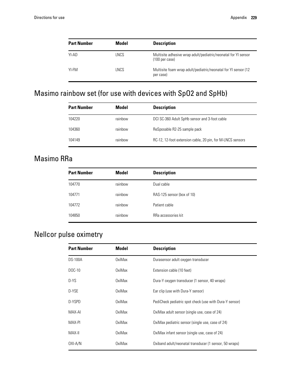 Masimo rra, Nellcor pulse oximetry | Welch Allyn 6000 Series Connex Vital Signs Monitor - User Manual User Manual | Page 235 / 245