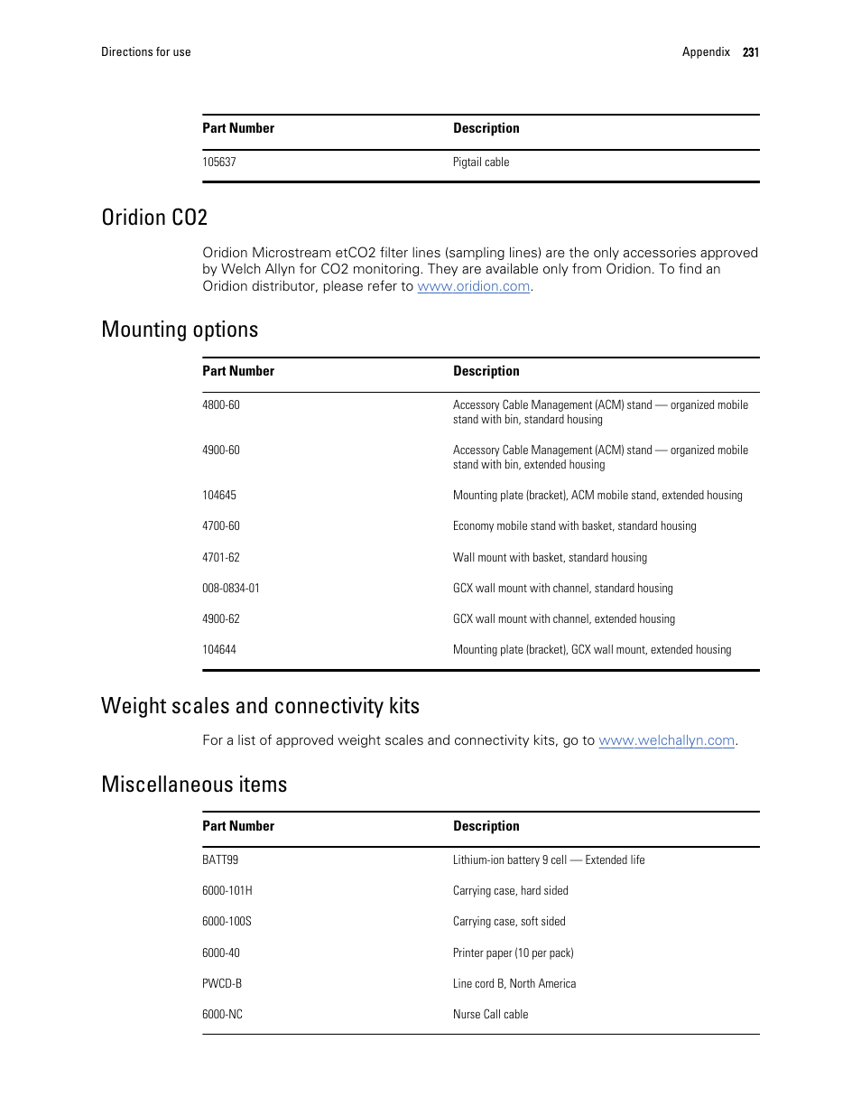 Oridion co2, Mounting options, Weight scales and connectivity kits | Miscellaneous items | Welch Allyn 6000 Series Connex Vital Signs Monitor - User Manual User Manual | Page 237 / 245