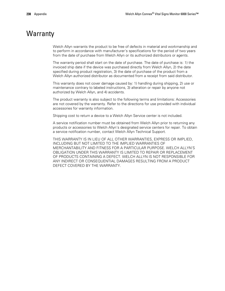 Warranty | Welch Allyn 6000 Series Connex Vital Signs Monitor - User Manual User Manual | Page 244 / 245