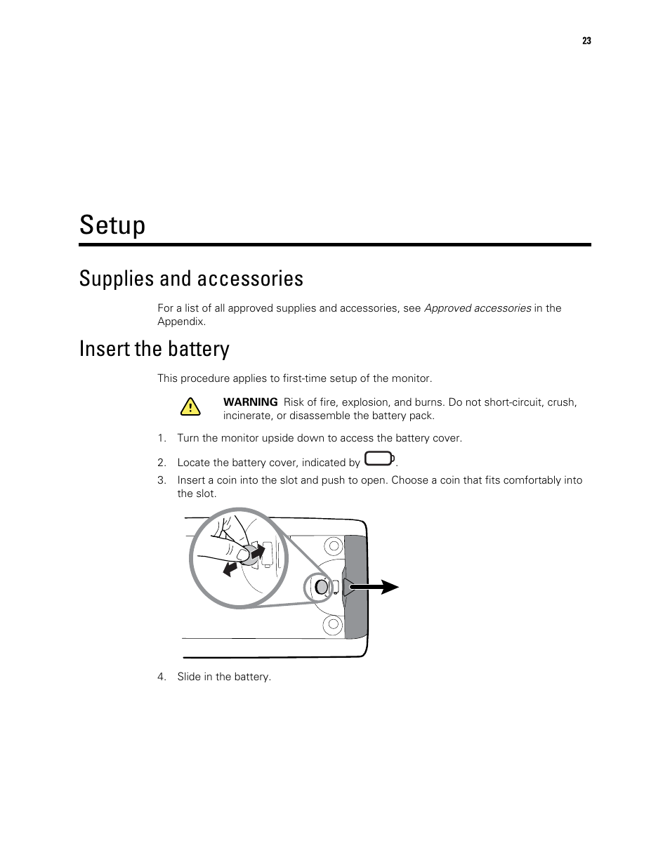 Setup, Supplies and accessories, Insert the battery | Welch Allyn 6000 Series Connex Vital Signs Monitor - User Manual User Manual | Page 29 / 245
