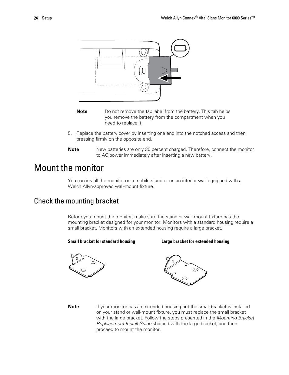 Mount the monitor, Check the mounting bracket | Welch Allyn 6000 Series Connex Vital Signs Monitor - User Manual User Manual | Page 30 / 245