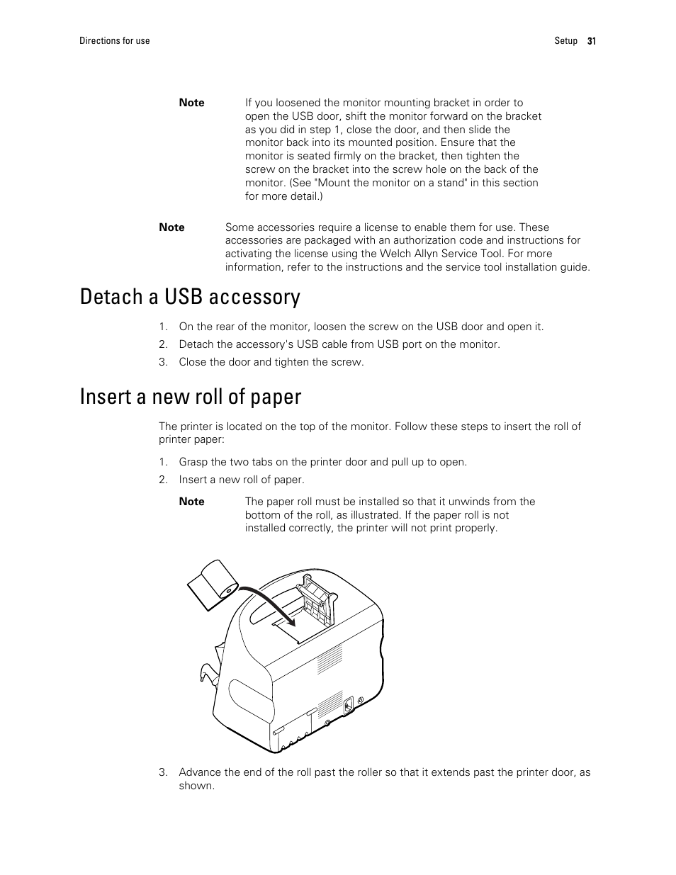 Detach a usb accessory, Insert a new roll of paper | Welch Allyn 6000 Series Connex Vital Signs Monitor - User Manual User Manual | Page 37 / 245