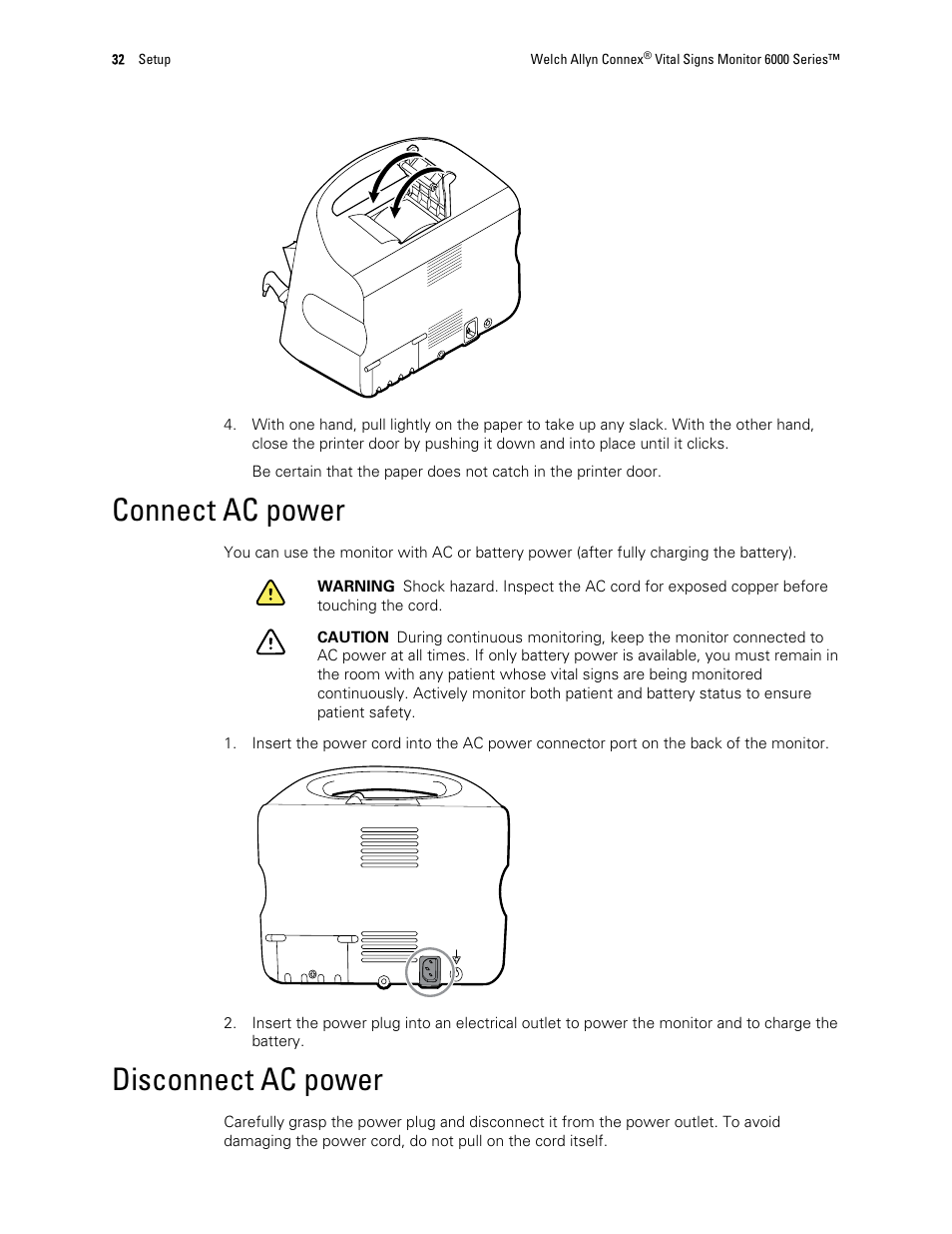 Connect ac power, Disconnect ac power | Welch Allyn 6000 Series Connex Vital Signs Monitor - User Manual User Manual | Page 38 / 245